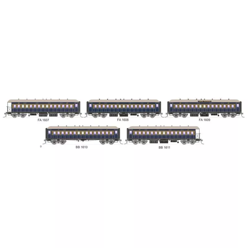 048 - Vestibuled End Platform cars - VUB Set 75 Caves Express Blue & Russet as introduced 1929 5 car set SDS Models