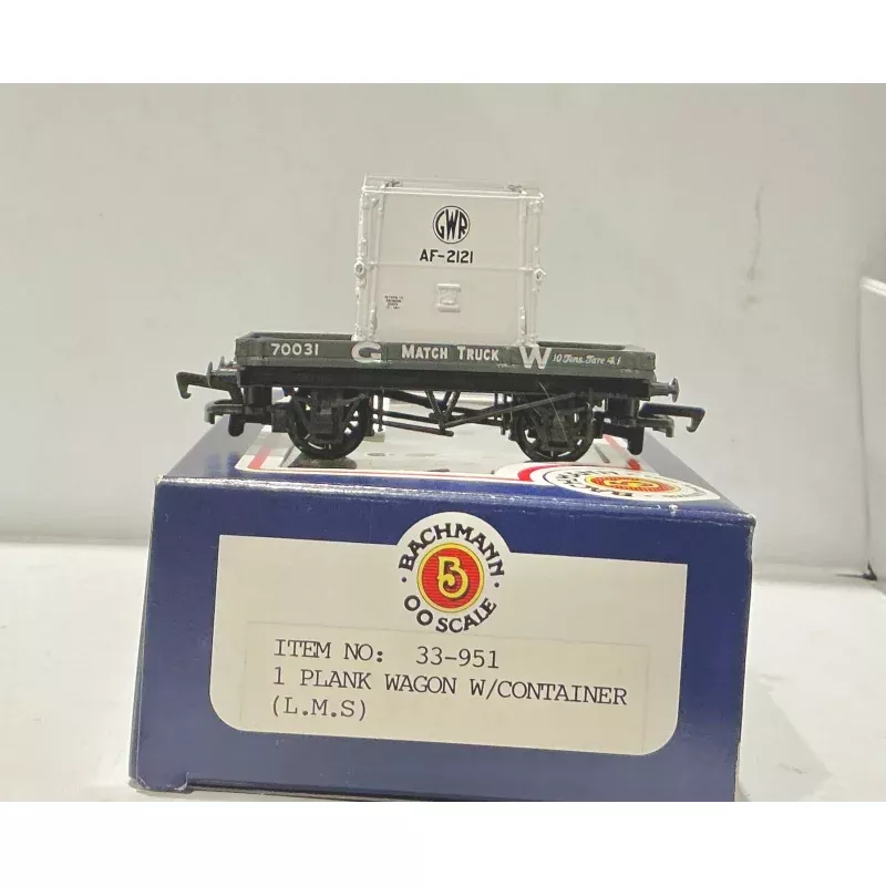 1 PLANK WAGON WITH CONTAINER L.M.S. #33-951 BACHMANN BRANCH LINE PRE-OWNED- **