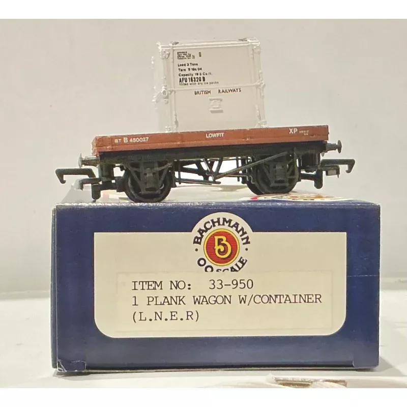 1 PLANK WAGON WITH CONTAINER (L.N.E.R) #33-950 BACHMANN BRANCH LINE PRE-OWNED- **