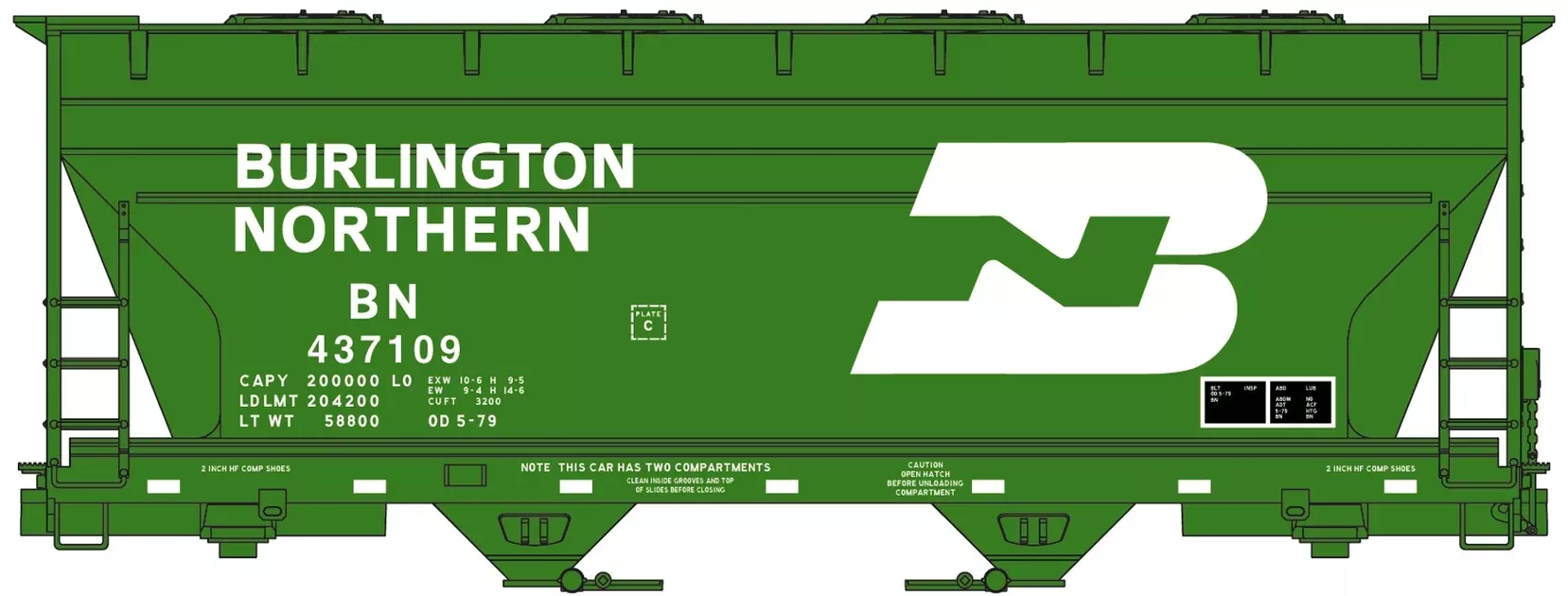 Accurail 2205 HO Scale ACF 2 Bay Covered Hopper Burlington Northern BN 437109 Kit