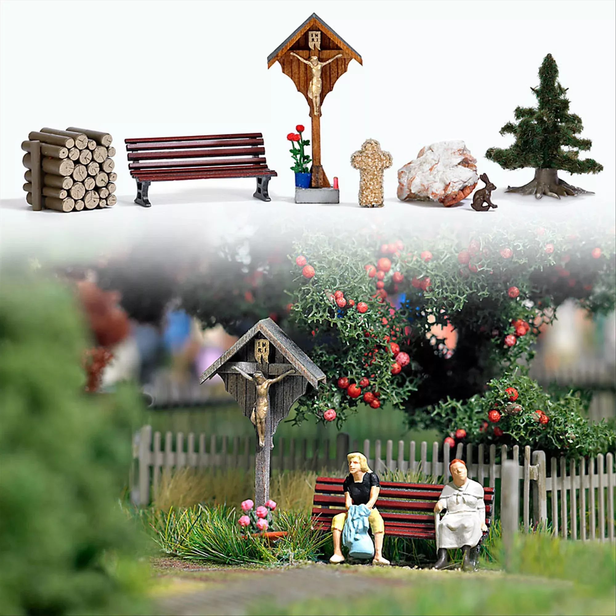 Busch 1148 HO Scale Wayside Cross & Accessories Set