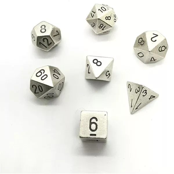 Chessex 7 Set Polyhedral Dice Solid Metal Silver CHX 27021