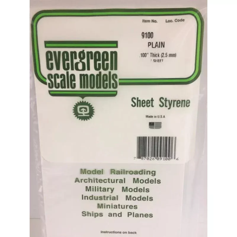 Evergreen 9100 - .100 (2.5mm) PLAIN OPAQUE WHITE POLYSTYRENE SHEET