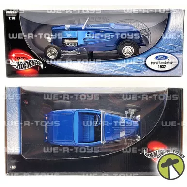 Hot Wheels 100% 1:18 Scale 1932 Blue Ford Roadster 57320 Mattel 2002 Flames NRFB