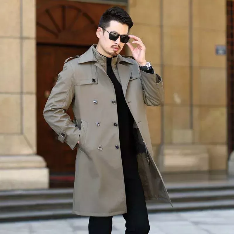 men’s long detachable wool liner double breasted windbreaker