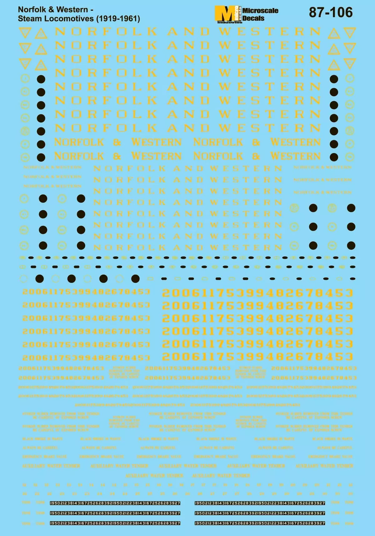 Microscale Decals 87-106 HO Scale Norfolk Western N&W Steam Locomotives