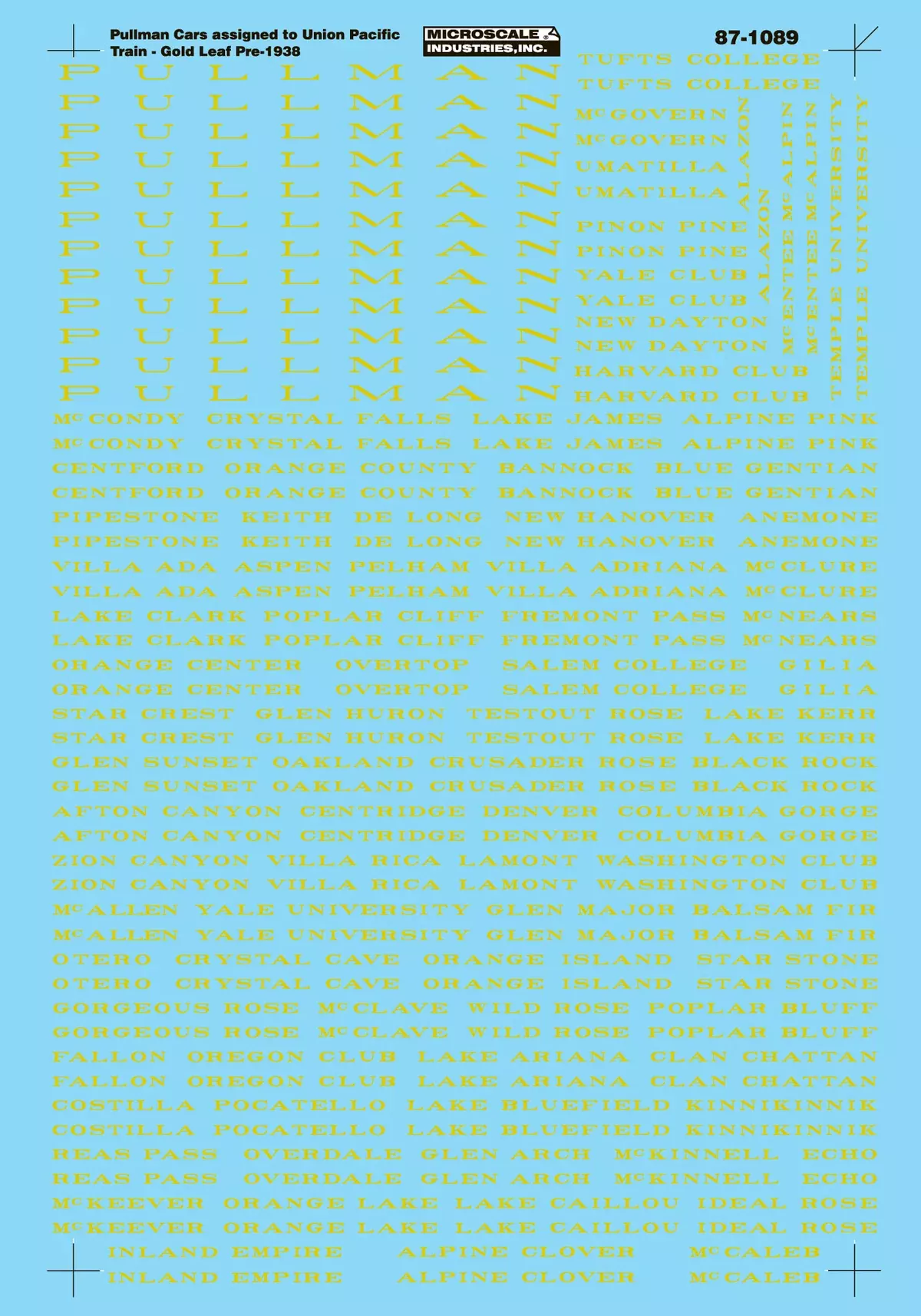Microscale Decals 87-1089 HO Scale Pullman Heavyweight Sleeper Cars Assigned Union Pacific