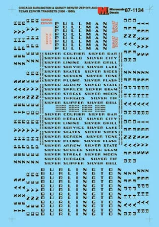 Microscale Decals 87-1134 HO Scale Burlington CB&Q Denver/Texas Zephyr Passenger Cars