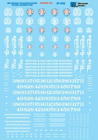 Microscale Decals 87-542 HO Scale Rio Grande D&RGW Standard Gauge Steam Locomotives