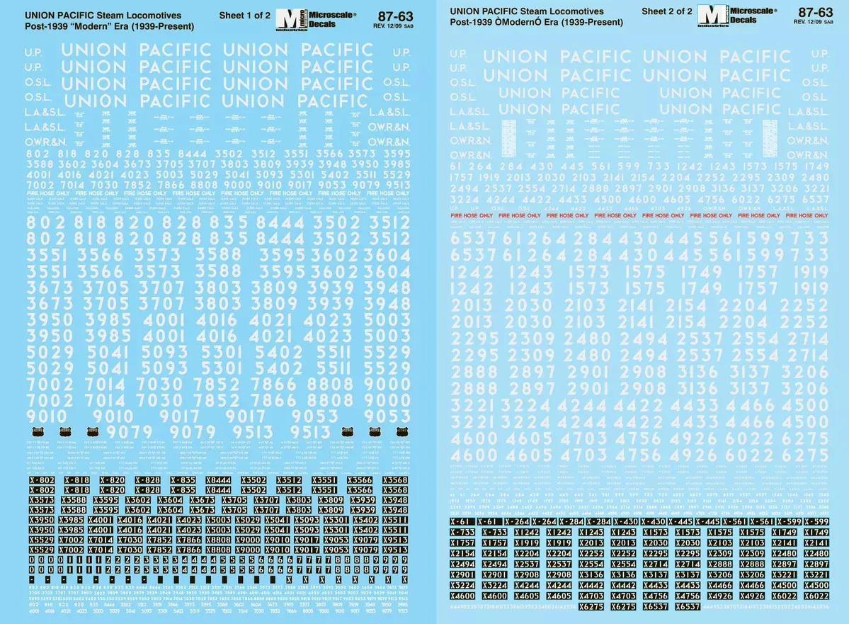 Microscale Decals 87-63 HO Scale Union Pacific Steam Locomotives
