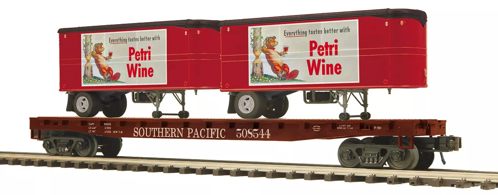 MTH Premier 20-95557 O Scale Southern Pacific SP Flatcar with Petri Wine Pup Trailers
