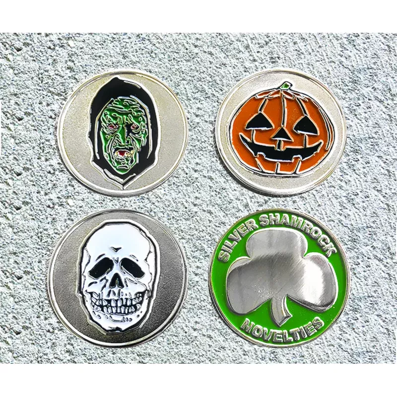 Spooky Coins Halloween Set Skull, Witch, and Jack O Lantern with Silver Shamrock Backs 1.5 inch Coins