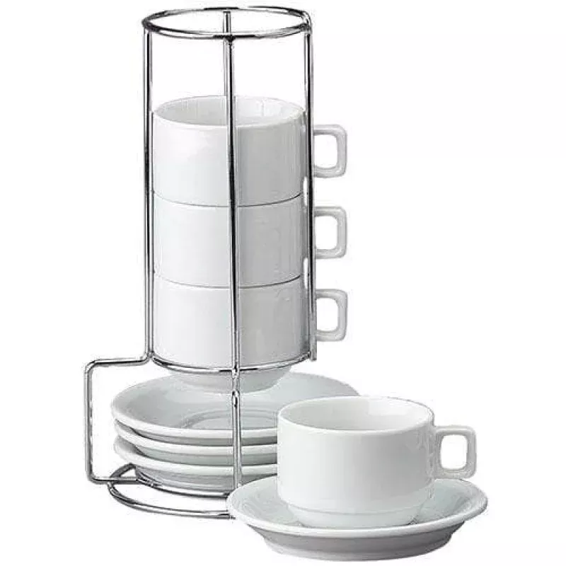 Stackable Porcelain Espresso Cup & Saucer 9 pc. Set - White